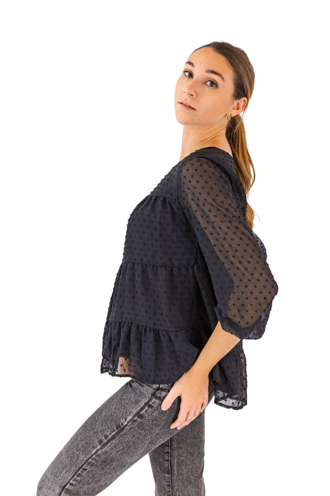 Dotted Casual Black Dress With Full-sleeved
