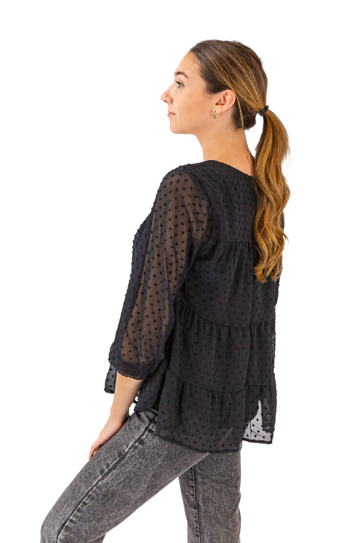 Dotted Casual Black Dress With Full-sleeved