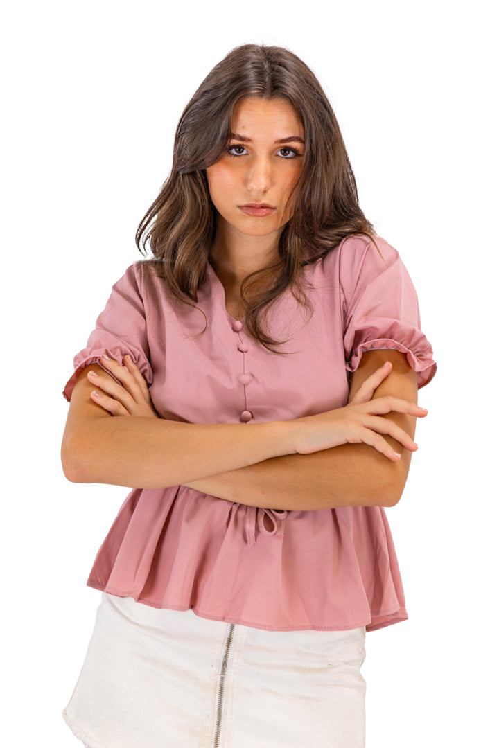 Model sporting Fabonics Summer Breeze Pink Blouse with drawstring waist, epitomizing casual summer elegance.