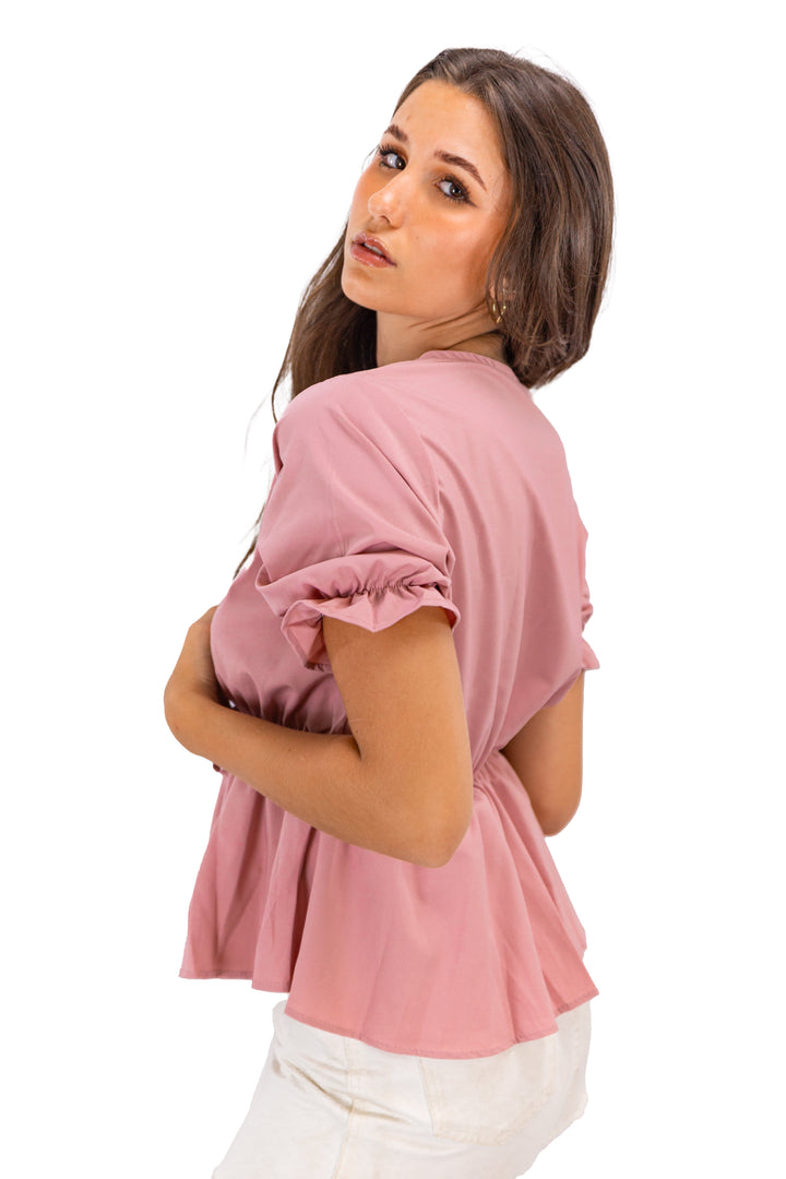 Summer Breeze: Pink Drawstring Casual Blouse