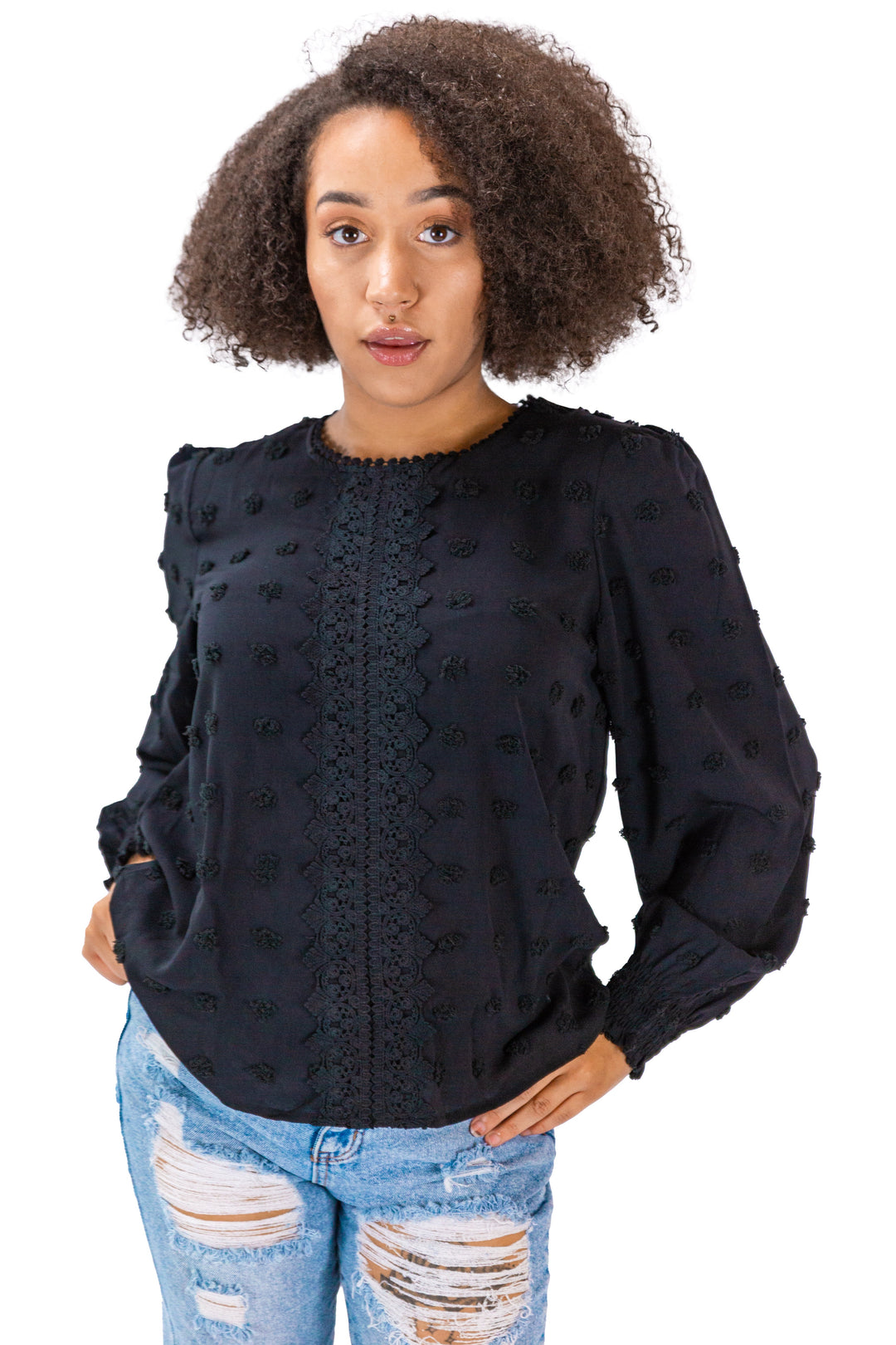 Confident woman in Fabonics Elegant Noir Jacquard Lantern Sleeve Blouse, merging classic style with modern detailing.