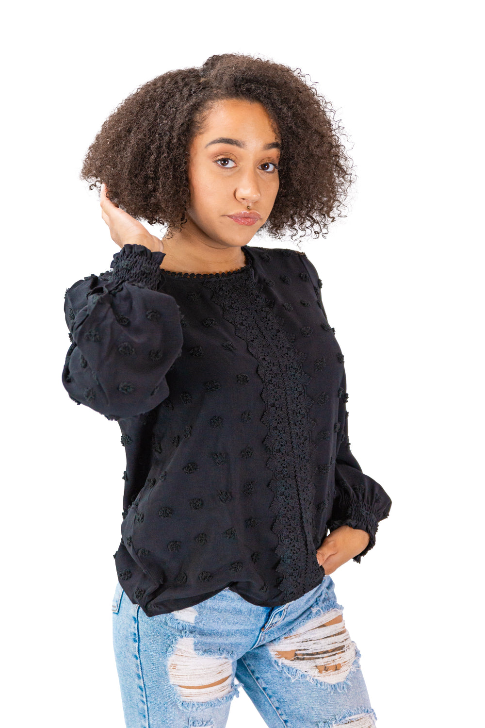 Black Jacquard Blouse with Lantern Sleeve