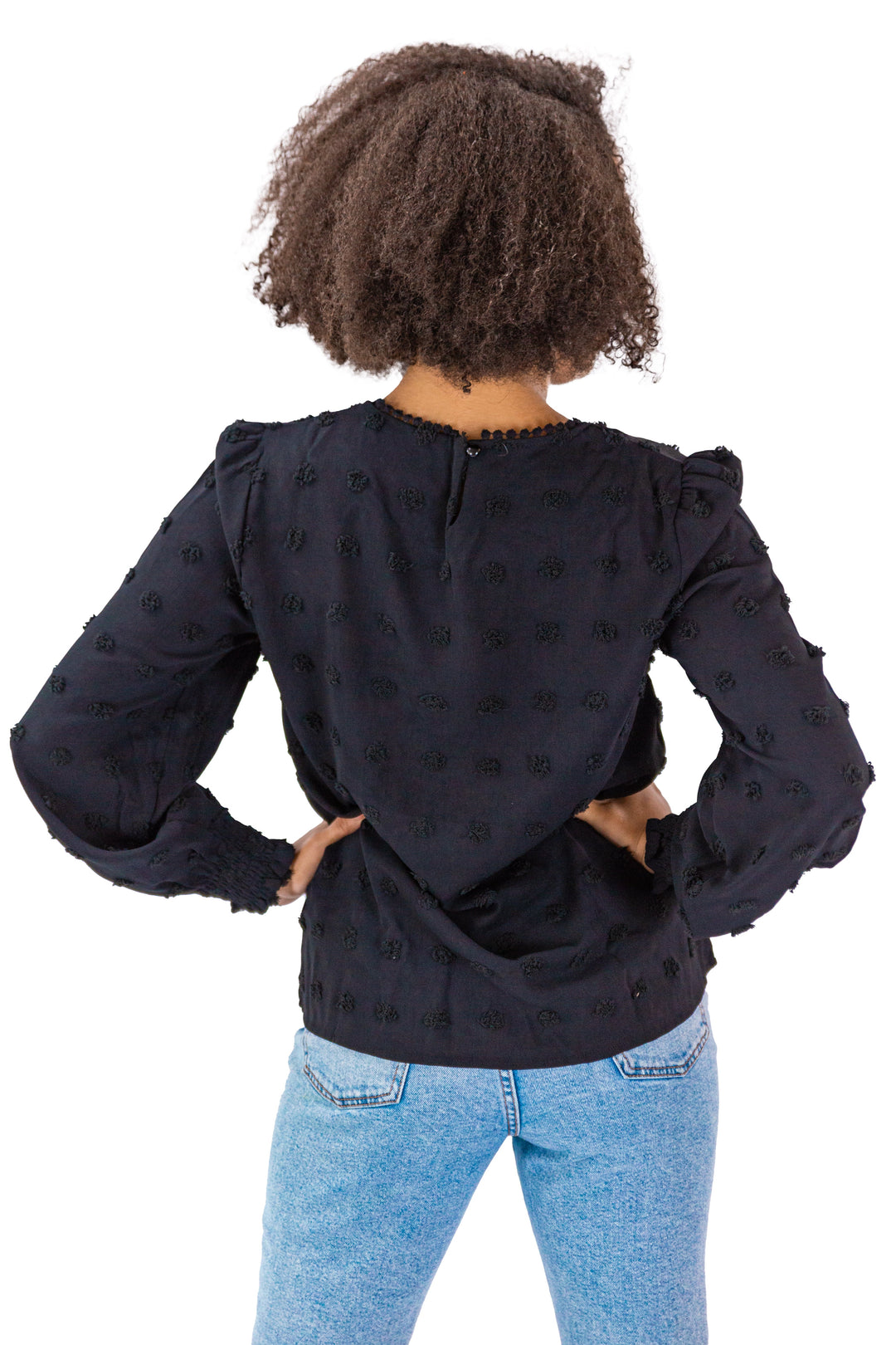 Black Jacquard Blouse with Lantern Sleeve