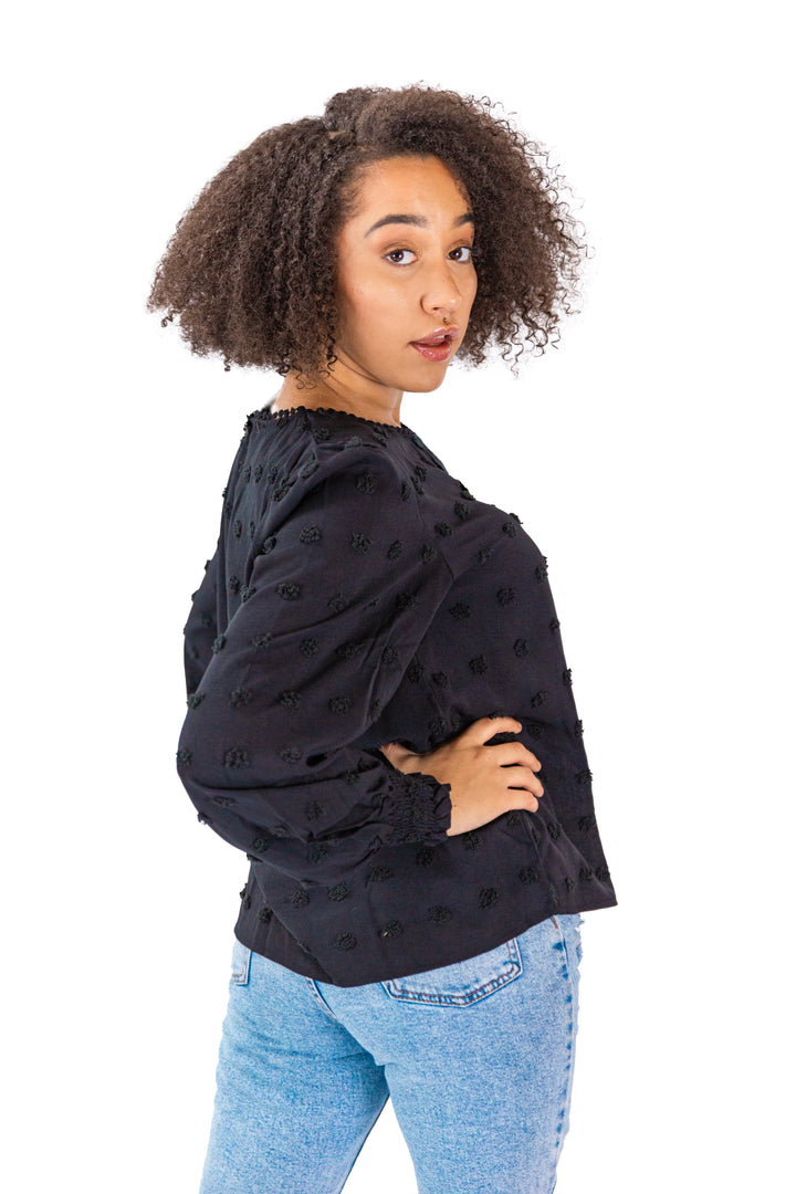 Black Jacquard Blouse with Lantern Sleeve
