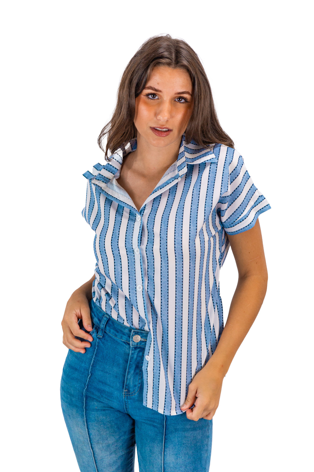 Chic woman in Fabonics Coastal Breeze Blue Striped Button-Down Blouse, embodying casual summer elegance.