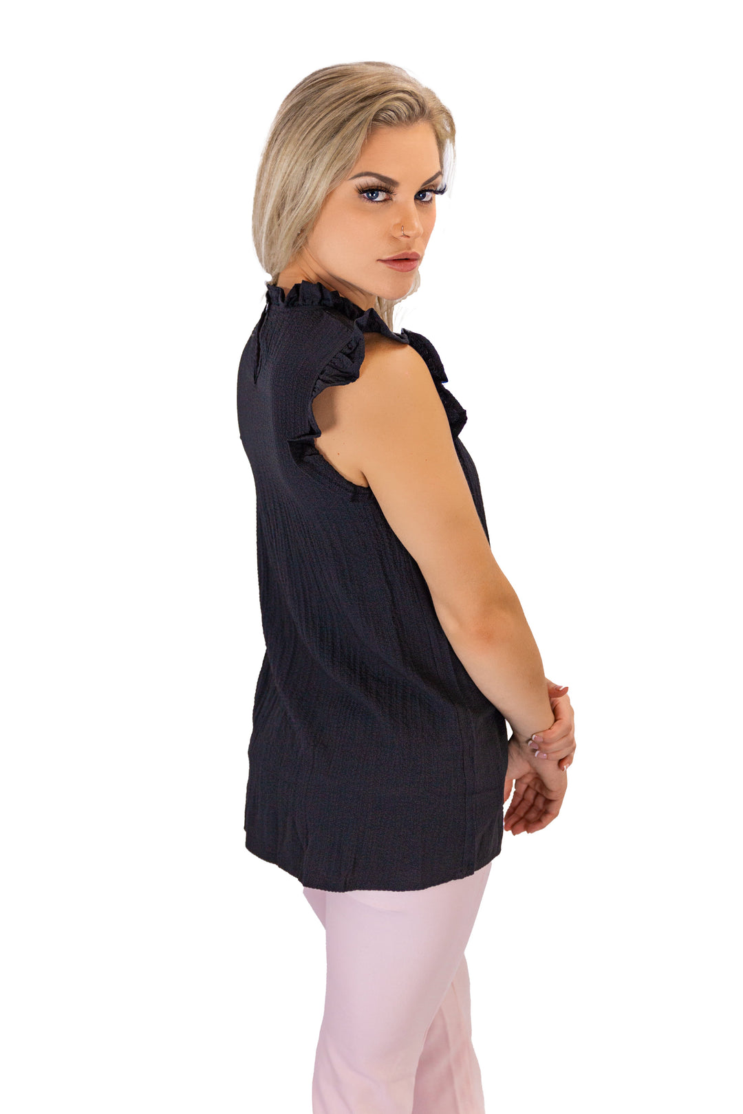 Black Pullover Ruffled Tops