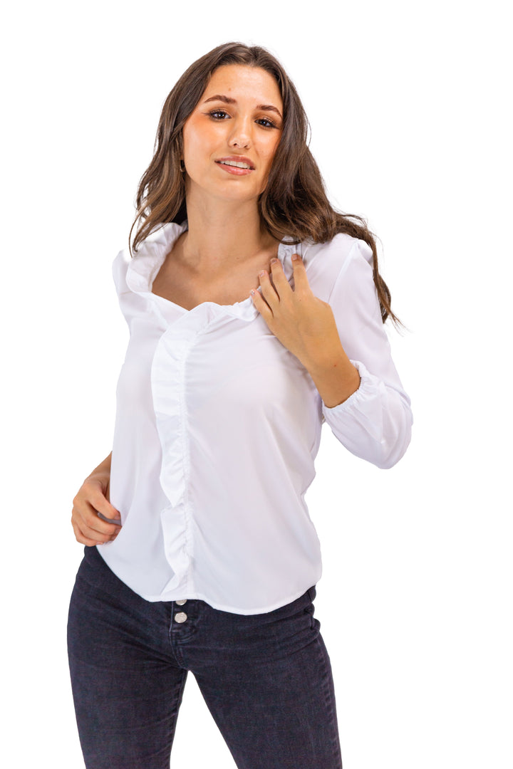 Elegant woman in Fabonics Pure Allure White Ruffled Elegance Top with Full Sleeves, perfect for versatile styling.