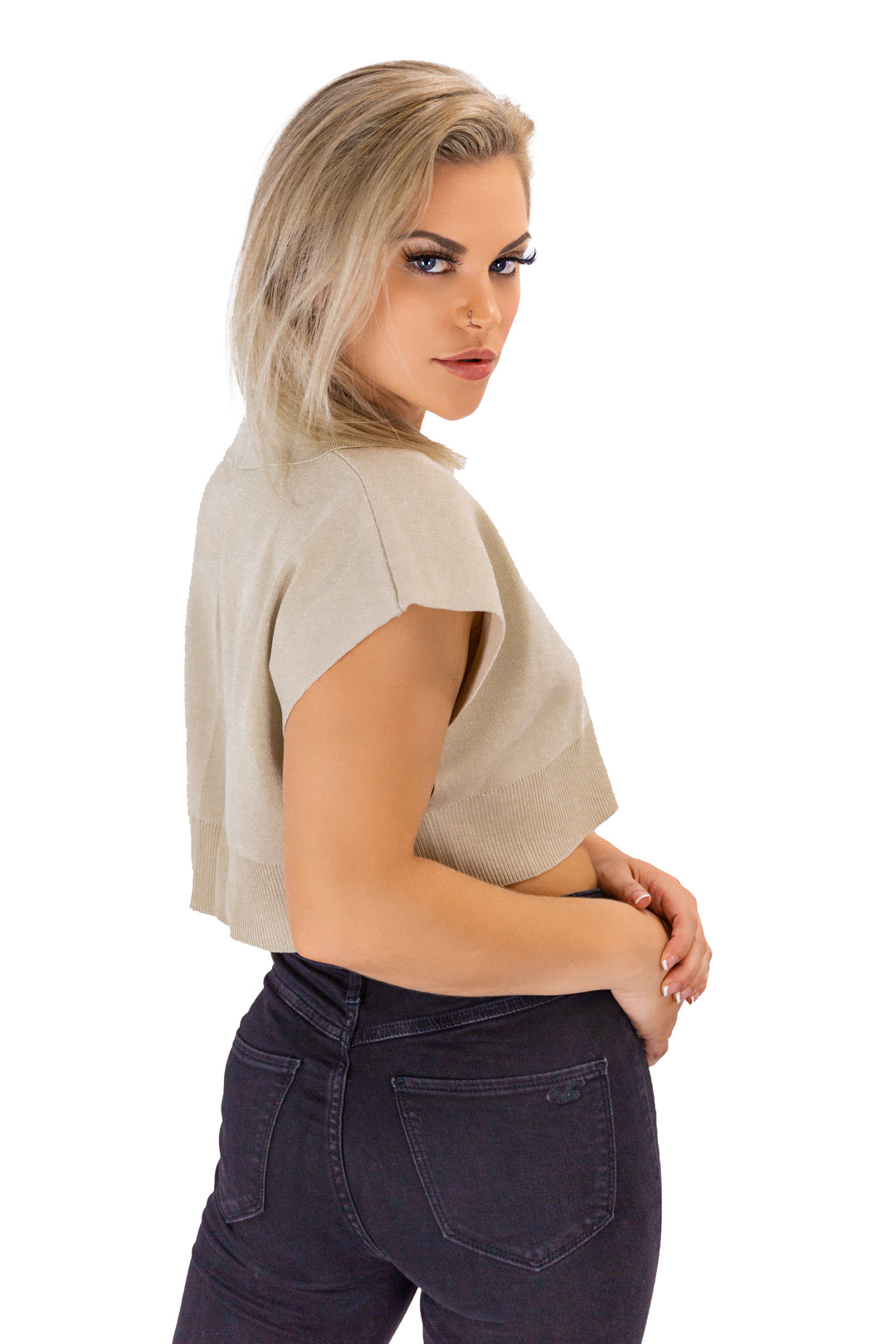 Urban Beige Polo Neck Cropped Sweater