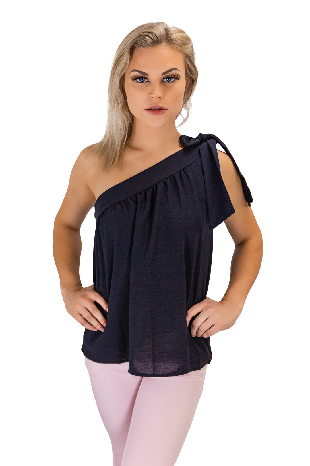 Fabonics Elegance Unveiled One-Shoulder Black Top with Tie-Up Detail, Perfect for Versatile Day and Evening Style