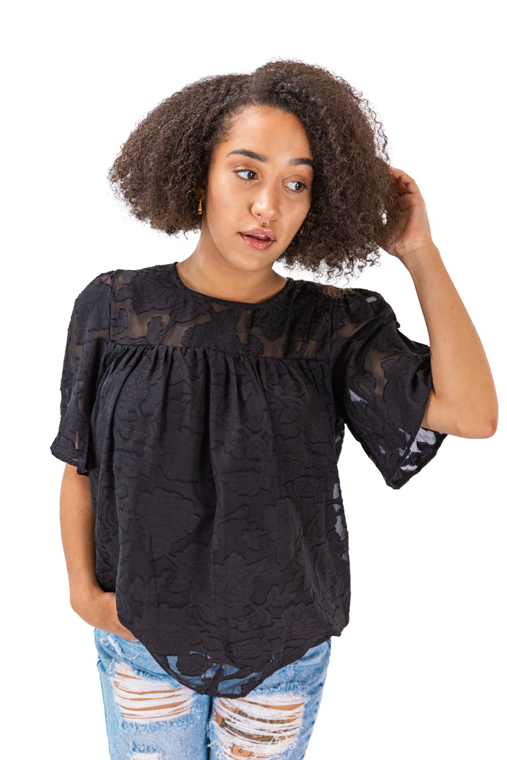 Elegant Noir: Floral Printed Casual Black Top