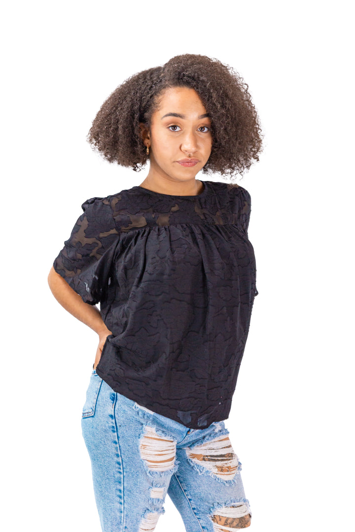 Elegant Noir: Floral Printed Casual Black Top