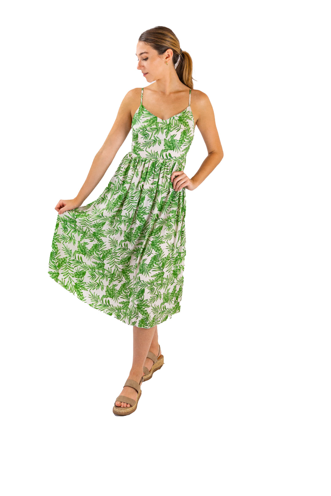 Fabonics Green Leaf Print Spaghetti Strap Chic Midi Dress for Women