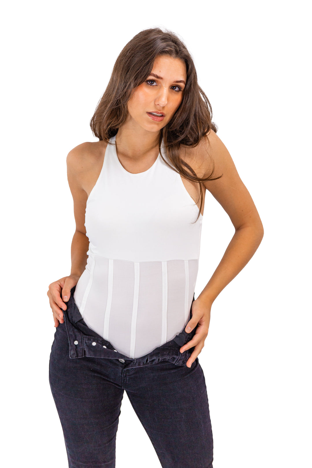 Fabonics White High Neck Corset Tank Bodysuit for Women