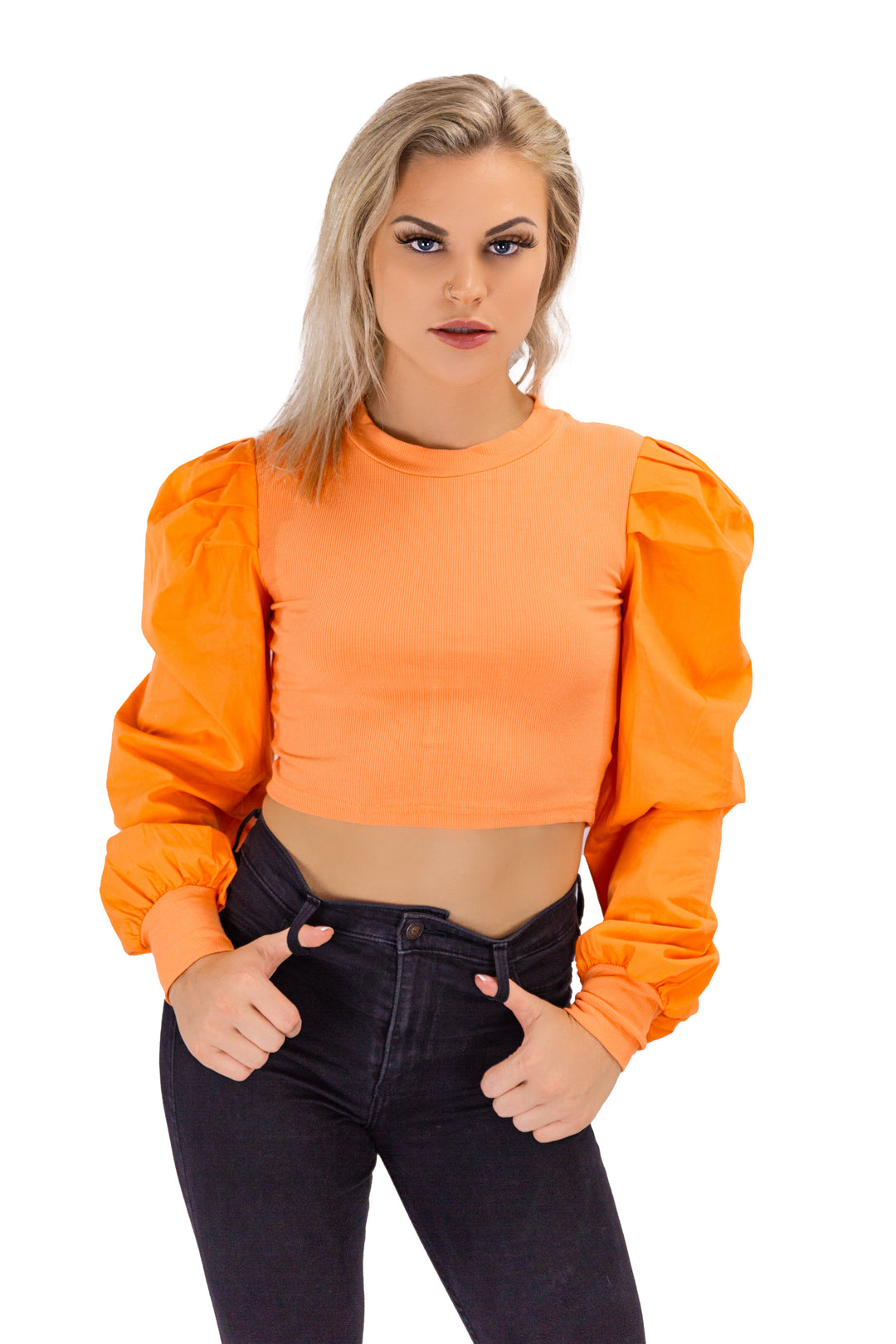 Fabonics Citrus Chic High Knit Neck Orange Blouse with Puff Sleeves for Women