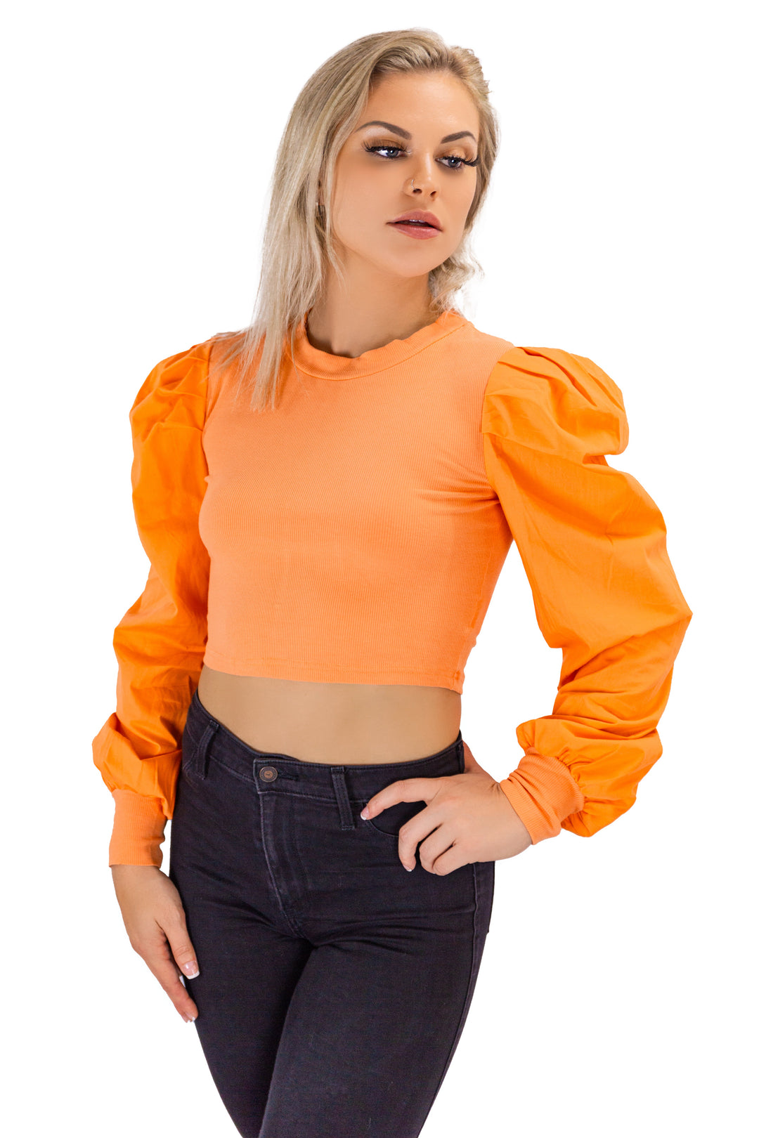 Citrus Chic: High Knit Neck Orange Blouse with Puff Sleeves