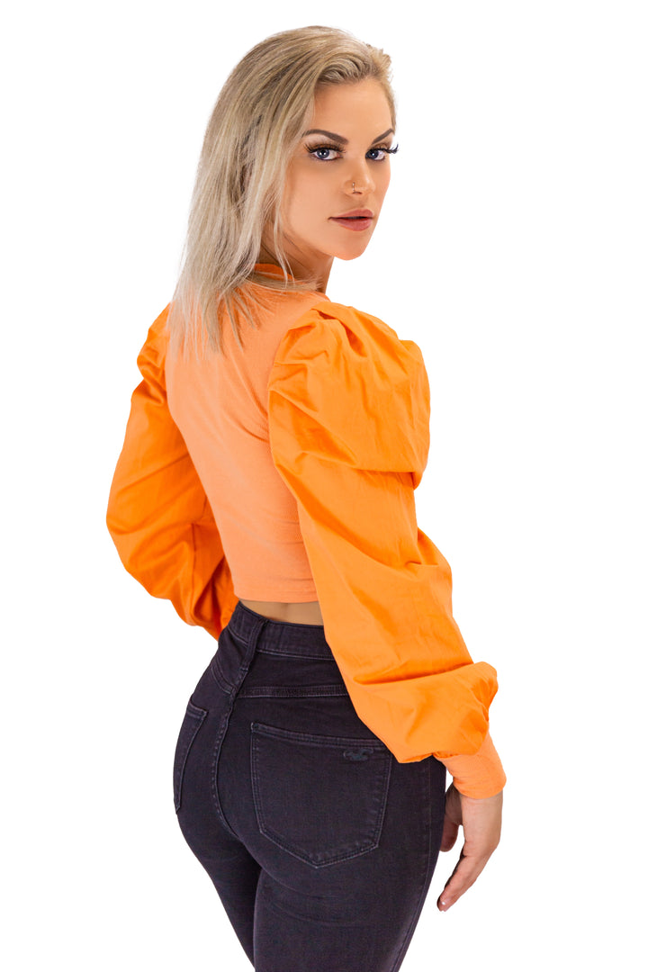 Citrus Chic: High Knit Neck Orange Blouse with Puff Sleeves