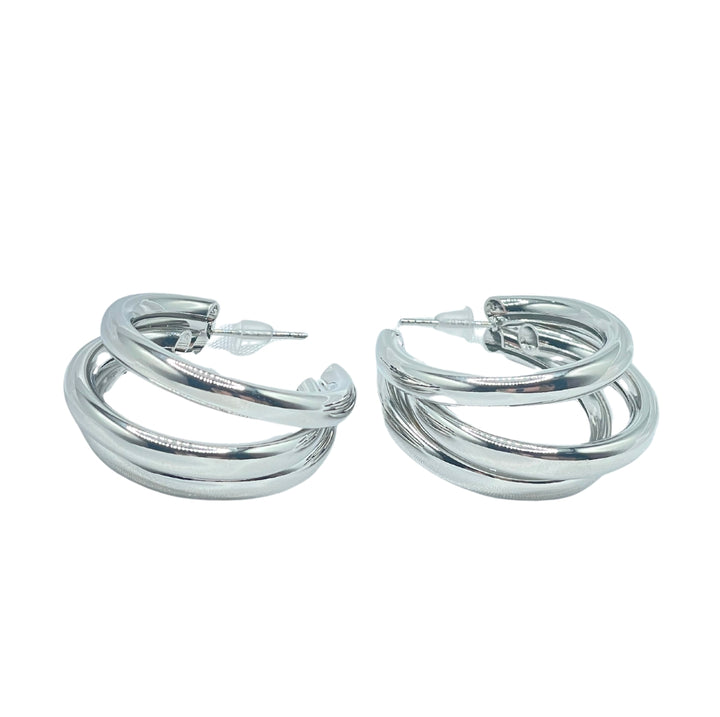 Modern Silver Tone Triple Hoop Earrings