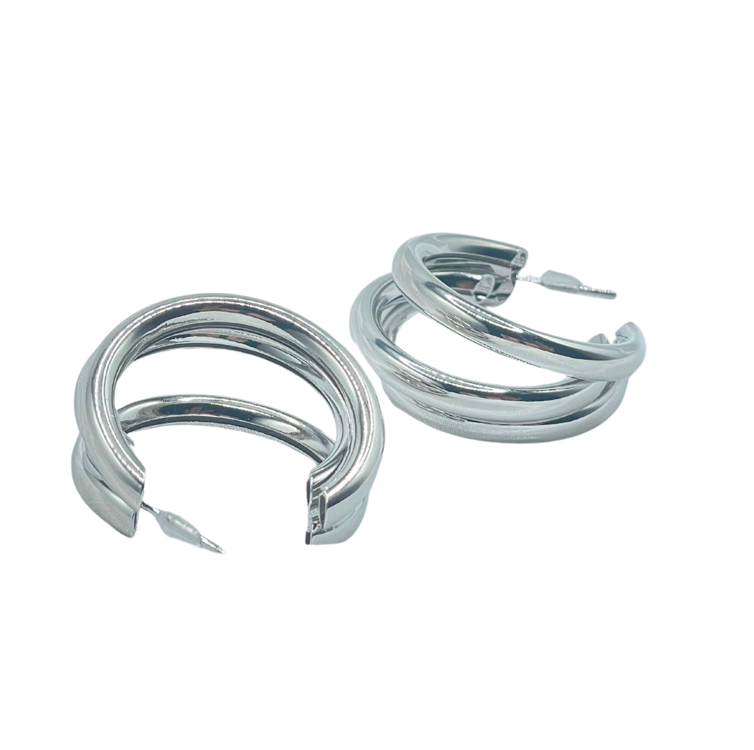 Modern Silver Tone Triple Hoop Earrings