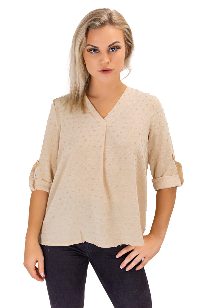 Fabonics Earthy Allure Light Brown Swiss Dot Roll-Tab Sleeve V-Neck Blouse