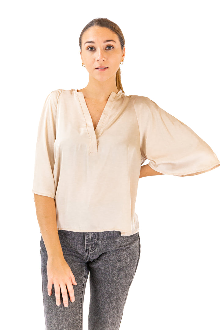 Fabonics Satin Elegance Light Brown Batwing Sleeve V-Neck Blouse