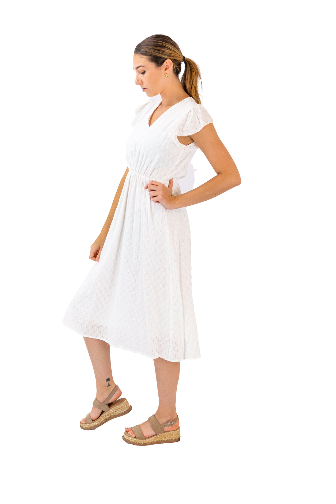 Pristine Elegance White Midi Dress With Delicate Sleeve