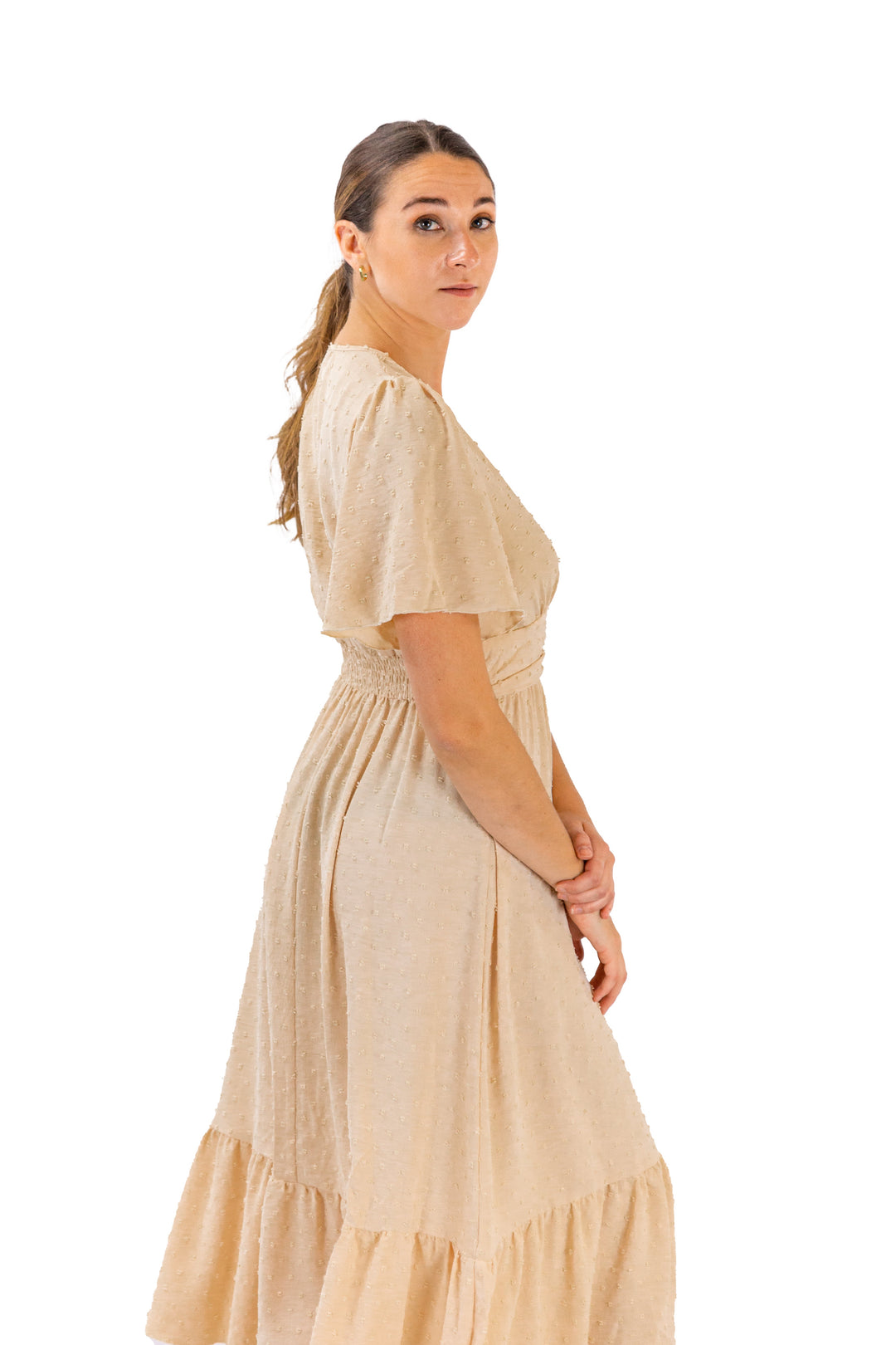 Beige Midi Dress With Dotted Design