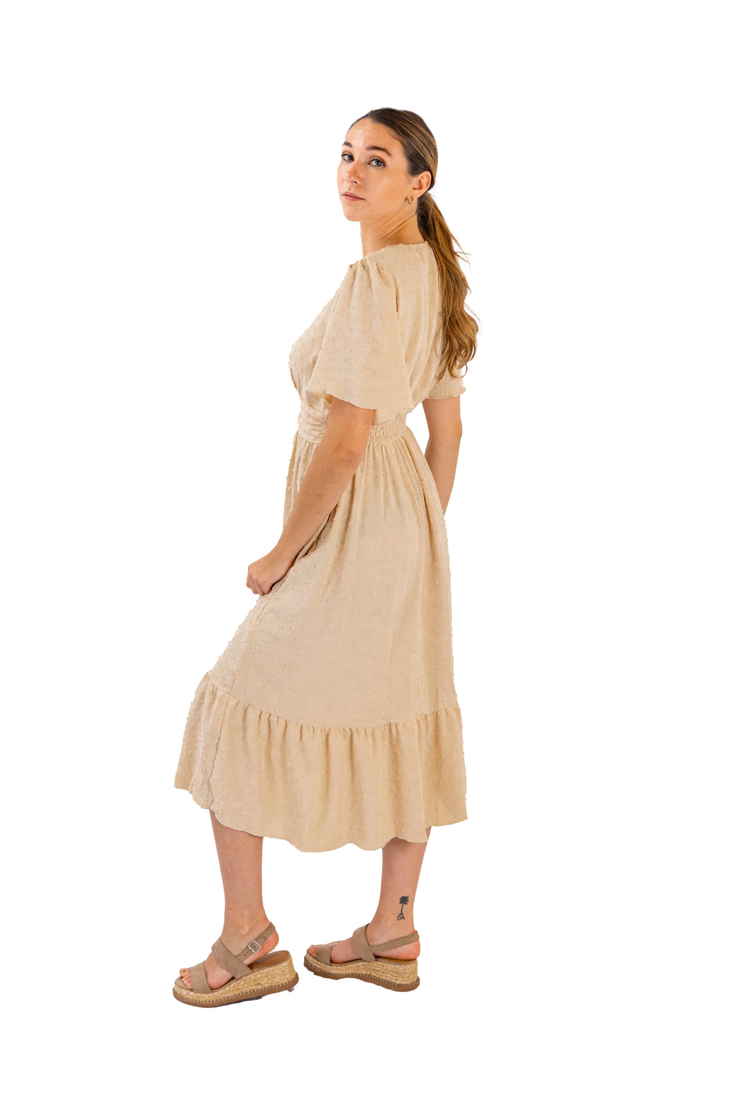 Beige Midi Dress With Dotted Design