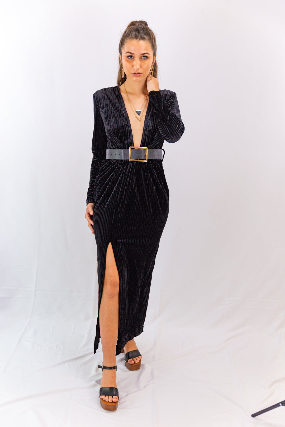 Fabonics Velvet Vogue Black Plunging V-Neck Dress with Thigh-High Slit for Elegant Evening Style