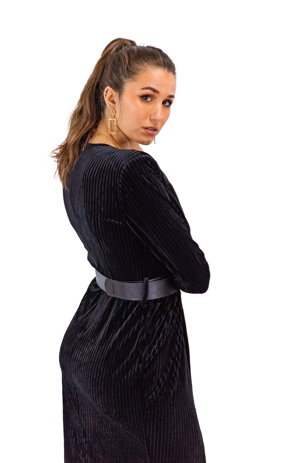 Plunging V-Neck Thigh-High Slit Black Midi Dress 