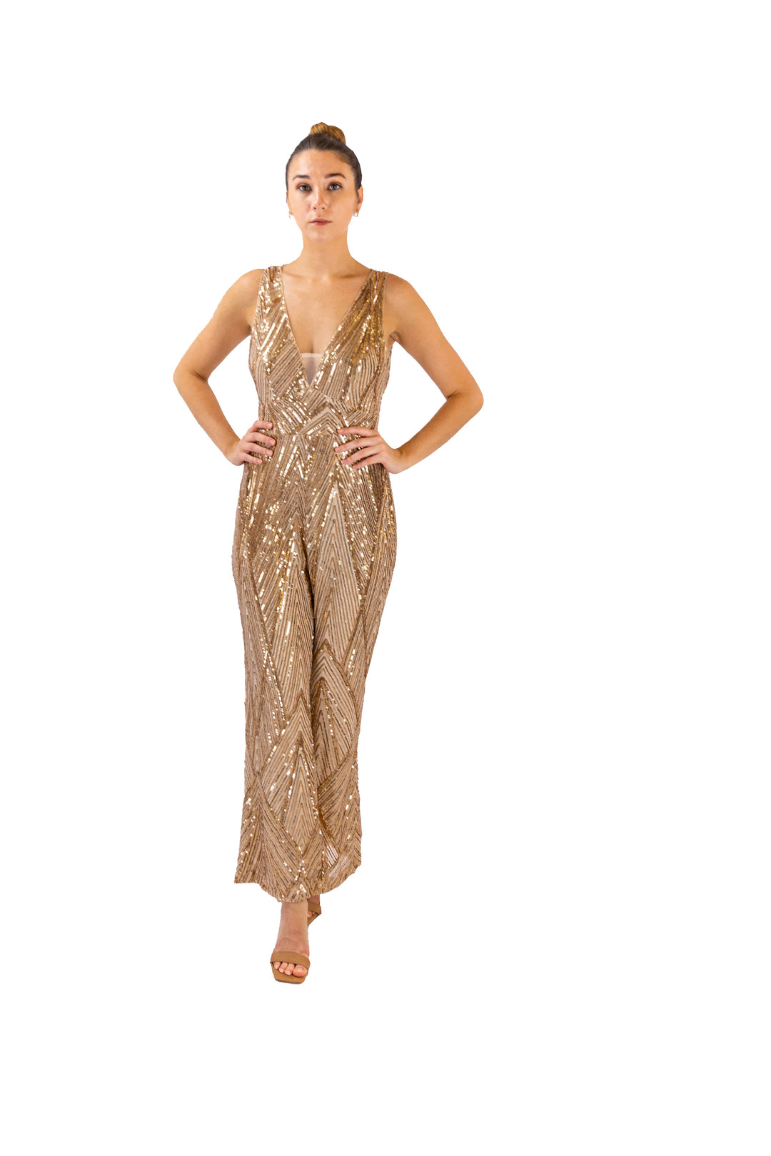 Fabonics Gala Radiance Golden Sequined Evening Jumpsuit with Wide-Leg Pants and Adjustable Straps for an Elegant Party Look