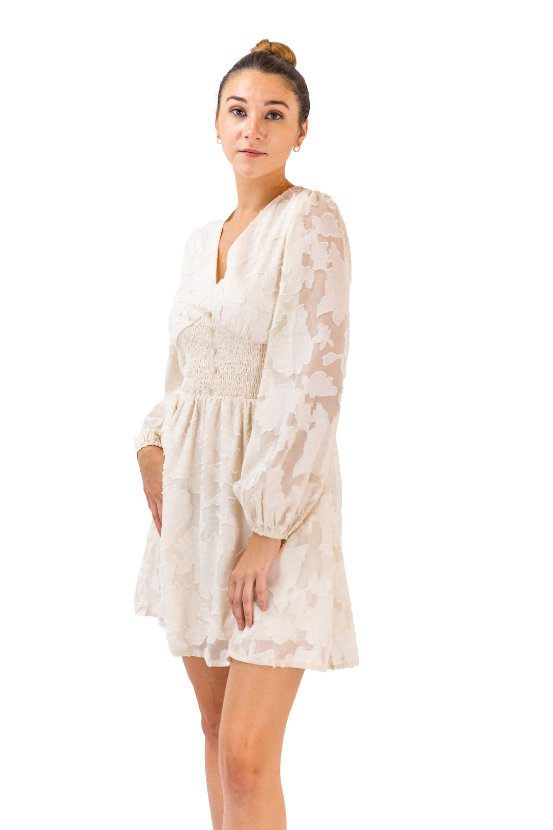 White Cinched Dress With Long Sleeves