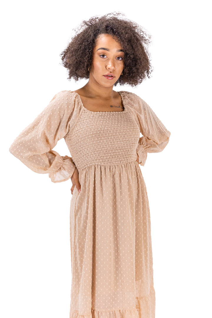 Boho Elegance: Brown Square Neckline Midi Dress with Dotted Detailing