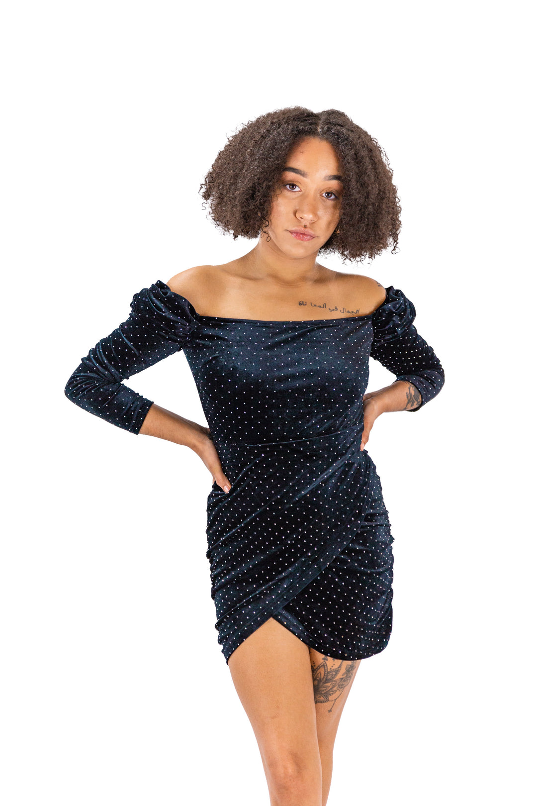 Velvet Off-shoulder Long Sleeve Black Polka Dot Dress