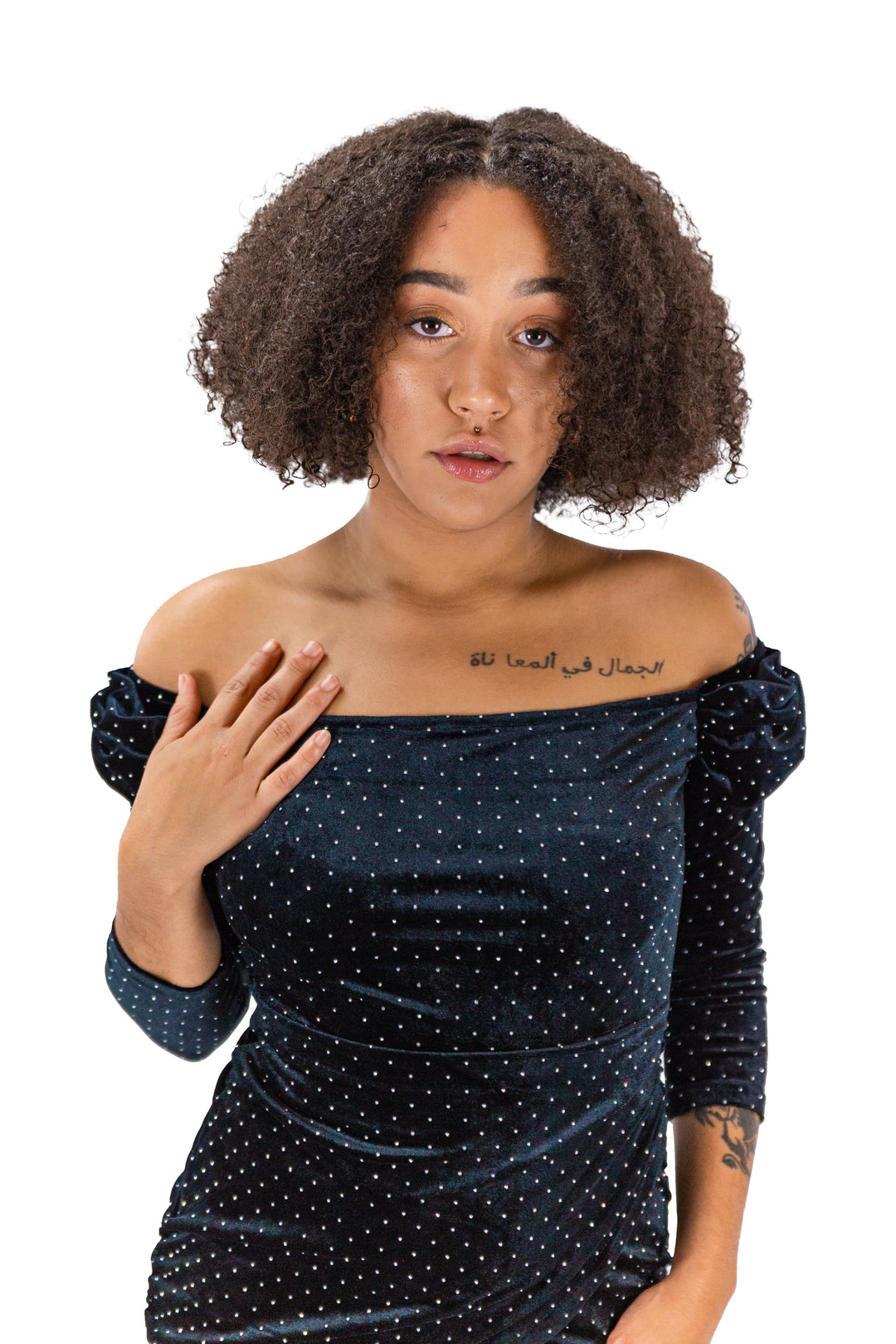 Velvet Off-shoulder Long Sleeve Black Polka Dot Dress