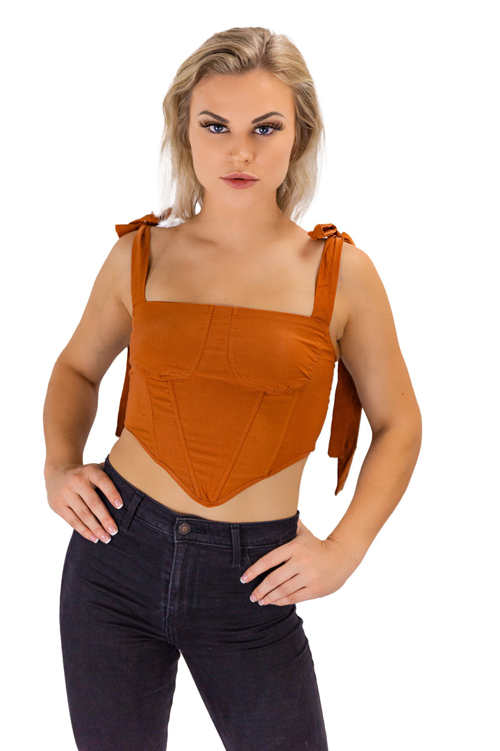 Elegant Affair: Chocolate Satin Pointed Hem Tie Strap Bonded Corset Top