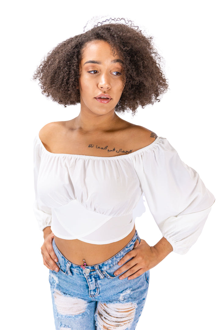 Ethereal Elegance: White Off-Shoulder Crop Top