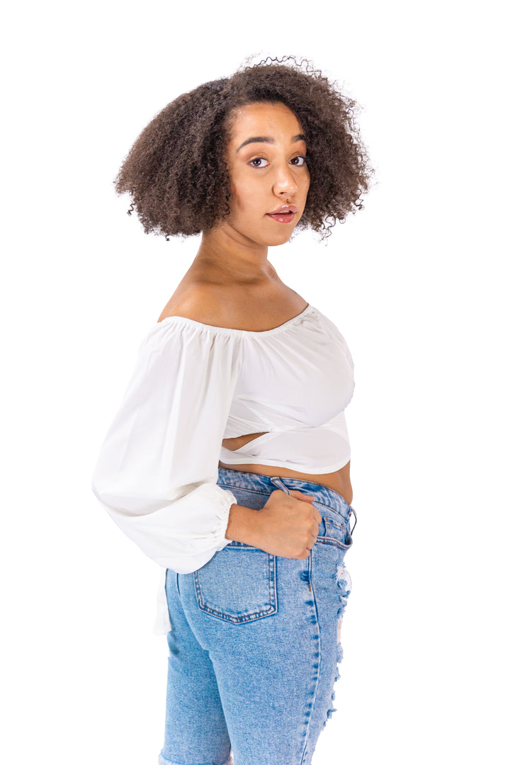 Ethereal Elegance: White Off-Shoulder Crop Top