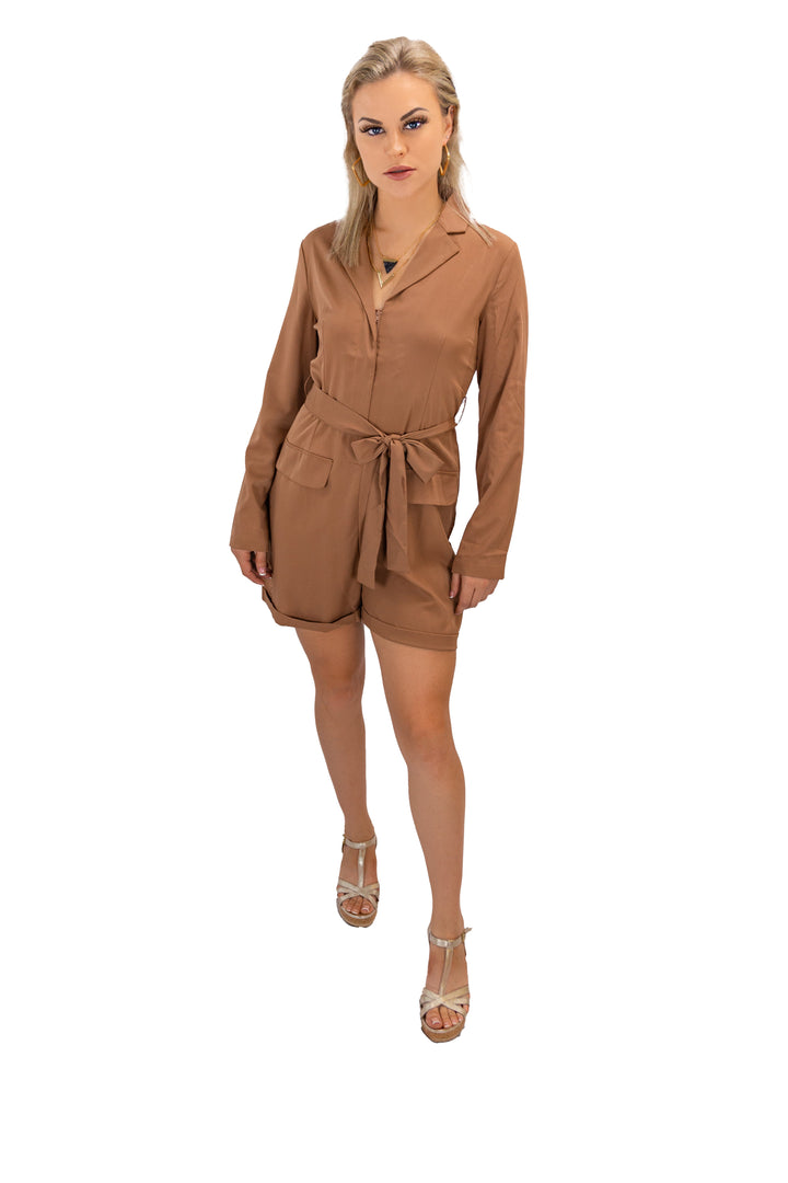 One-piece Romper Dress With Chic Belt in Neutral Hue