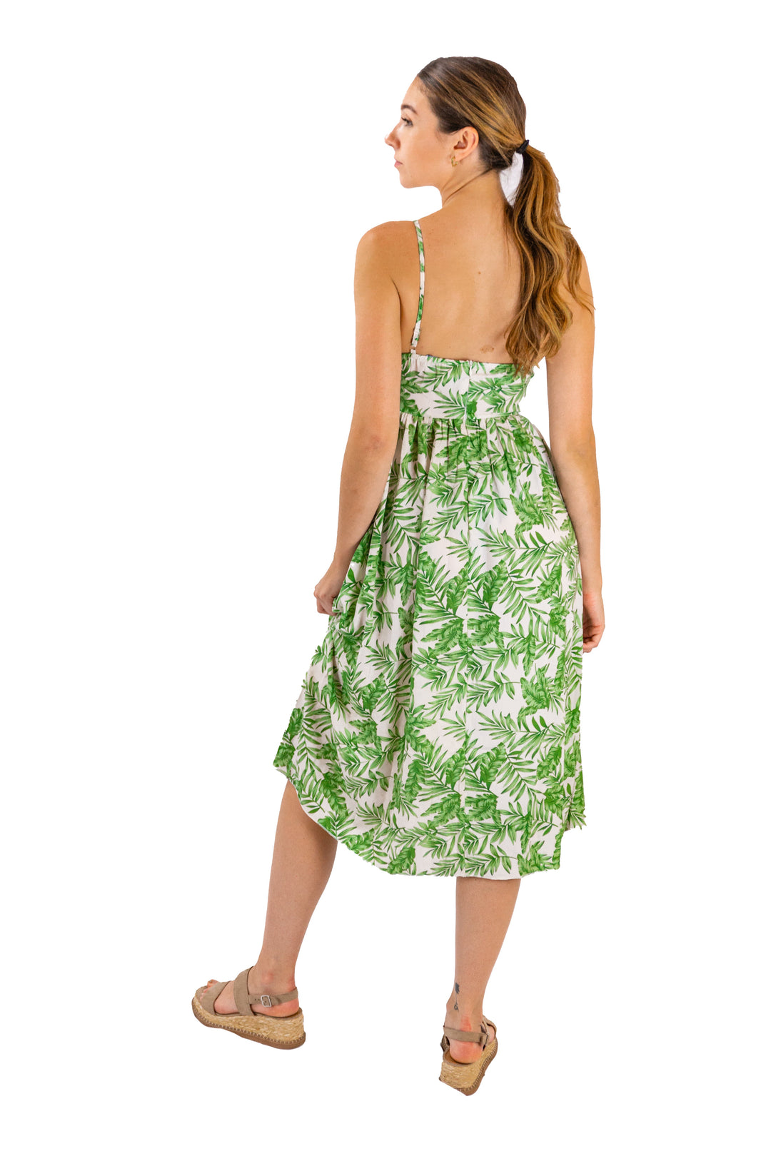 Leaf Print Spaghetti Strap Chic Midi Dress