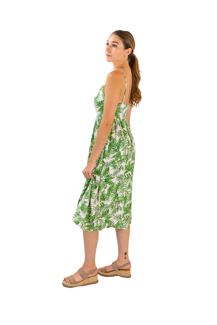 Leaf Print Spaghetti Strap Chic Midi Dress