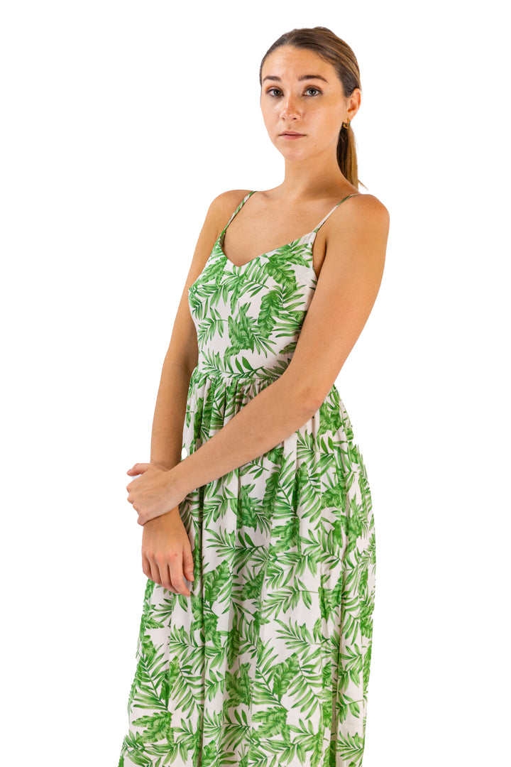 Leaf Print Spaghetti Strap Chic Midi Dress