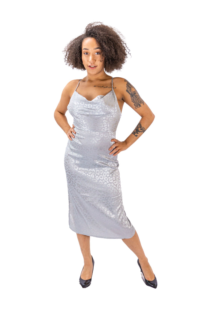 Grey Halter Evening Midi Dress With Side Slit